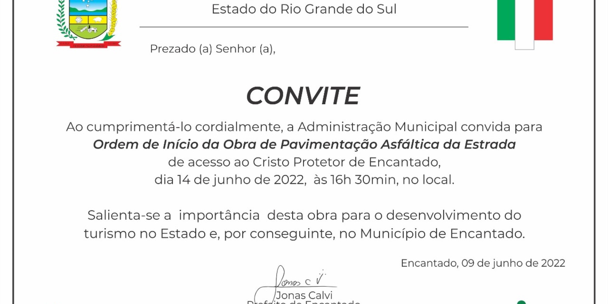 Encantado assina ordem de início do asfaltamento do acesso ao Cristo Protetor