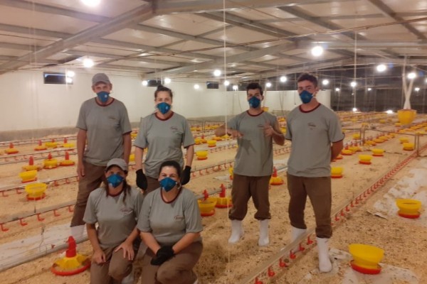  Equipe no alojamento dos pintinhos no Condomínio Mato Leitão