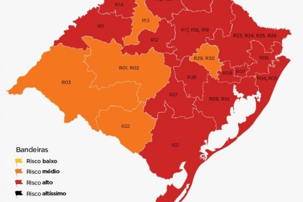 Cinco regiões estão em bandeira laranja e 15 na cor vermelha