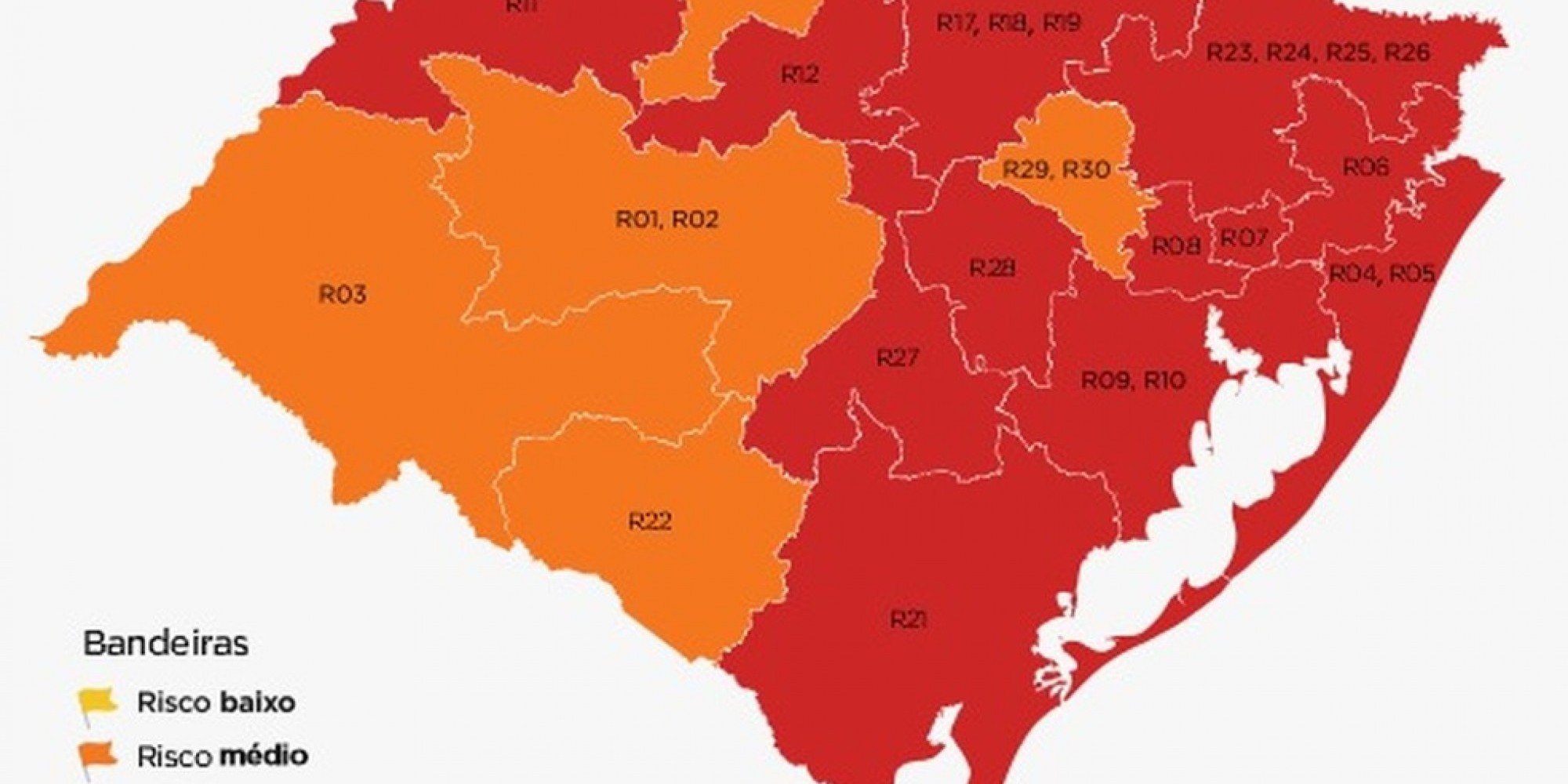 Cinco regiões estão em bandeira laranja e 15 na cor vermelha Cinco regiões estão em bandeira laranja e 15 na cor vermelha